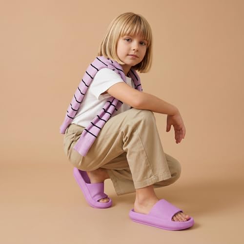 CUSHIONAIRE Feather-K Cloud Slides, EVA Waterproof Pool Sandals for Kids, Lavender 3 by CUSHIONAIRE - Used condition - Image 2