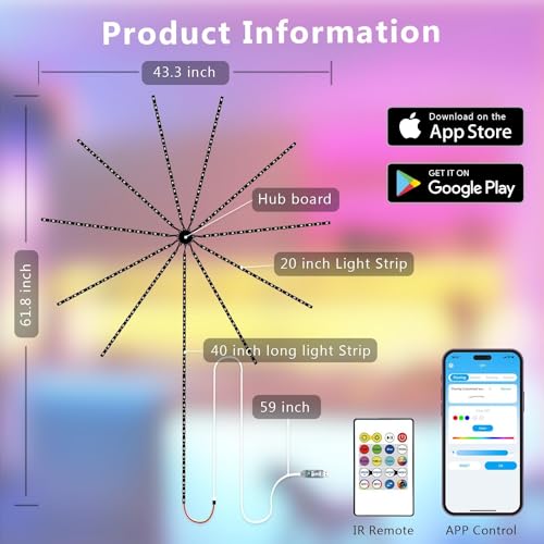 Image of XERGY Led Firework Lights, Smart Indoor Led Strip Lights Dimmable with Flow RGB Color,Firework Dynamic Scenes and App Music Sync,DIY Led Lights for Room Party Christmas Lights,(5V, USB Powered)