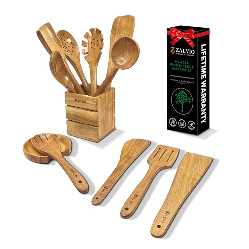 Zalvio 12-Piece Acacia Wood Utensil Set – Handmade Wooden Spoons with Holder & Spoon Rest | Premium Kitchen Cooking Tools in Gift Packaging