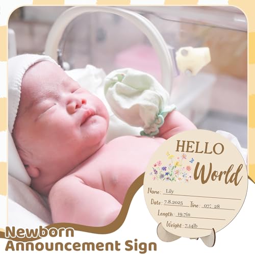 Image of 7pcs Wooden Baby Monthly Milestone Cards Double Sided Baby Birth Sign | Hello World Milestone Sign Discs Pregnancy Baby Shower Gifts for Newborn Photo Props