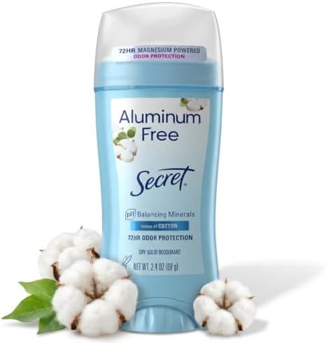 Secret Aluminum Free Deodorant for Women, 72hr Odor Protection, Naturally Derived Ingredients, Free of Parabens Dyes Talc & Baking Soda, PH Balancing Minerals, Dry Solid, Cotton Scent, 2.4 oz