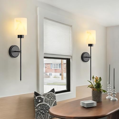Image of Black Wall Sconces Set of 2 with Marble Glass Shade, Modern Bathroom Vanity Light Fixtures for Bedroom, Hallway, Entryway, Living Room
