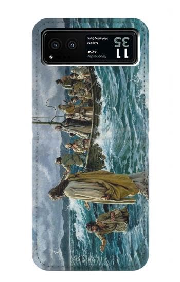 Motorola Razr 40 étui flip housse cuir Jesus Walk on The Sea protection clapet antichoc