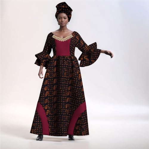 Image of iooiooi Womens African Print Party Maxi Dress Ankara Long Dress & Headwrap