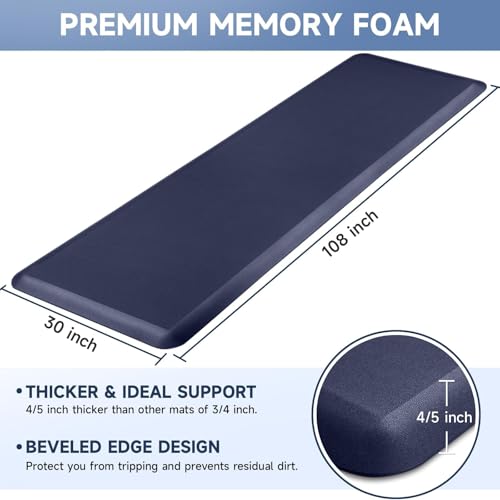 Image of 4 /5 Inch Thick Kitchen Mats for Floor, StepRite Kitchen Rug for Standing Desk, Non-Slip, Thicker, Stain & Water Resistant, Comfort Anti Fatigue Floor Mat for Home, Kitchen, Office - Blue,108 * 30''