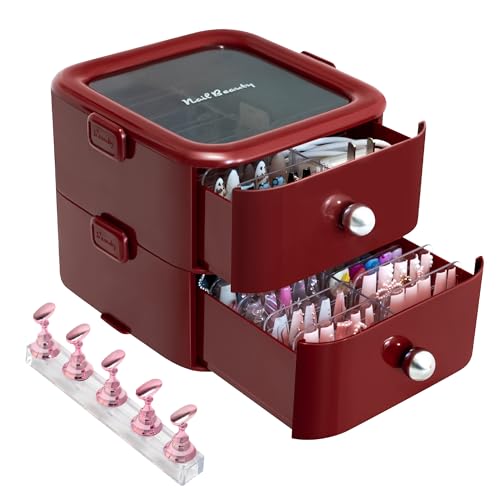 Makeup Organizer with Drawers,Press On Nail Organizer Storage Box with Handle,for Dresser Fake Nail Storage Nail Display Nail Salon Press On Nail Supplies Organizer with Nail Tape?Red?