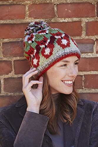 Women Wool Bobble Beanie Hat Fleece Lined Handknitted Fox Multicoloured One-Size Handmade Extra Warm Pachamama Fair Trade