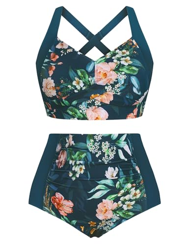 Hanna Nikole Womens Push Up Swimsuit High Waisted Bikini Sets 2 Piece Bathing Suit Dark Green & Pink Flowers L