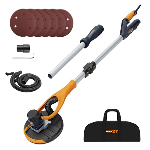 MAXXT lijadora de paredes y techos, Cabezal giratorio 180° y brazo telescópico (1,2 m/1,7 m), borde lateral desmontable, potencia constante, 5 velocidades con memoria, 6 discos abrasivos