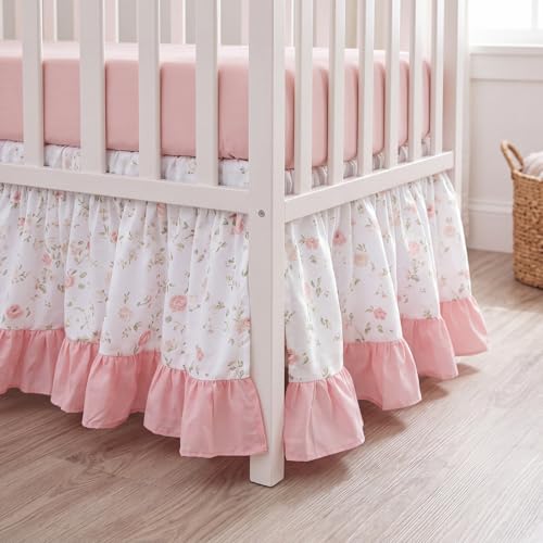 Image of Hahafelt Pink Crib Skirt for Baby Girls Boys, 100% Washed Cotton Bed Skirt