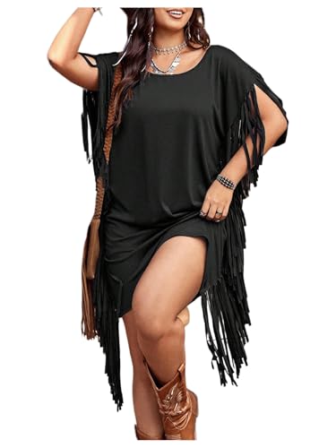 BEAUDRM Women's Plus Size Fringe Dress Boho Western T Shirt Dress Tassel Short Sleeve Scoop Neck Cowgirl Short Dresses Black X-Large Plus