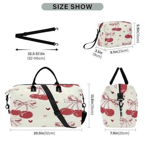 Travel Duffle Bag Weekender Bags Overnight Bag with Toiletry Bag Gym Duffel Bag Red Bow Cherry Love Pattern for Travel Business Trips Sport3