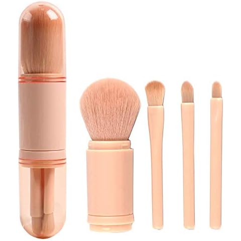 Small Makeup Brush Set Pink - 4 in 1 Portable Travel Lip Brush, Highlight Brush, Eyeshadow Brush, Foundation Blending Powder Brush Retractable Mini Facial Cosmetic Makeup Brush Set Cover