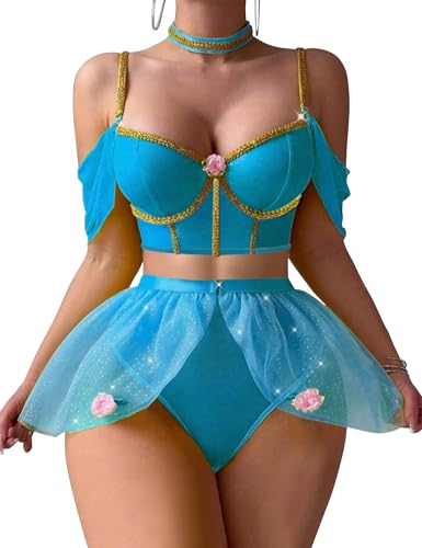 Mixxmix Plus Size Lingerie for Women Sexy Princess Lingerie Cosplay Costume Outfit with Bra and Panty Blue 2XL