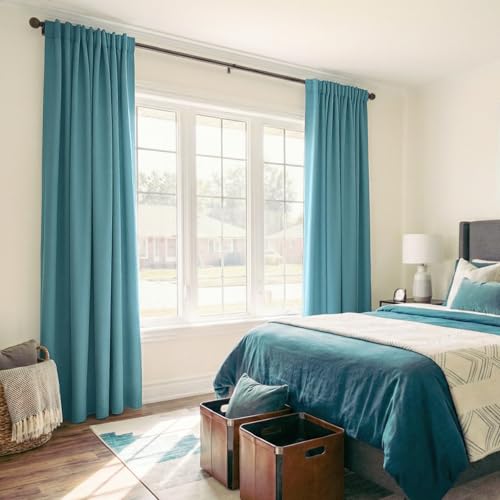 Image of 100% Blackout Shield Linen Blackout Curtains for Bedroom 96 Inches Long, Back Tab /Rod Pocket Living Room Drapes, Thermal Insulated Blackout Curtains 2 Panels Set, 50 inch W x 96 inch L, Dark Cyan