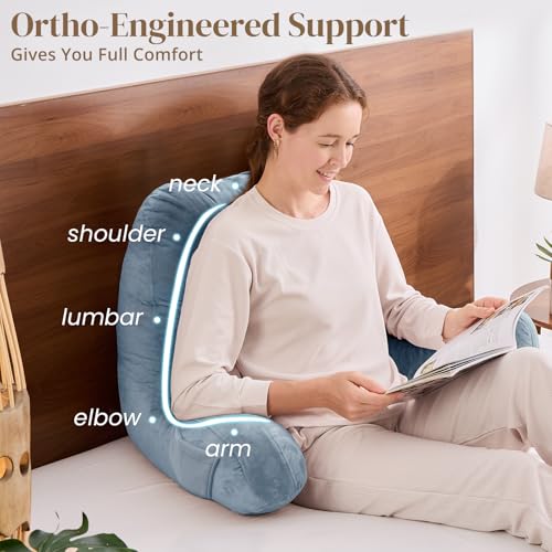 Image of Sasttie Reading Pillow for Bed, Back Pillow for Sitting Up, Greyish Blue | 23 inch Backrest Support Cushion for Couch, Sofa, and Floor, Dorm Essentials, OEKO-TEX, Adjustable Down Alternative Fill