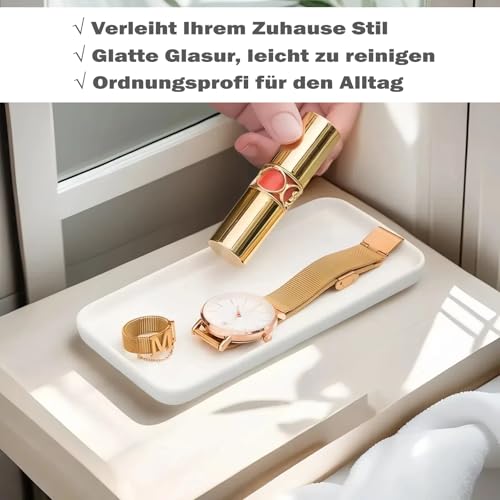 Weißes Keramik-Tablett, Rechteckiges Badezimmertablett, Vielseitiger Badezimmer Organizer für Kosmetik, Schmuck, Seife, Zahnpasta & Zahnseidensticks | Vielseitig für Küchenspüle, Arbeitsplatte (Klein)