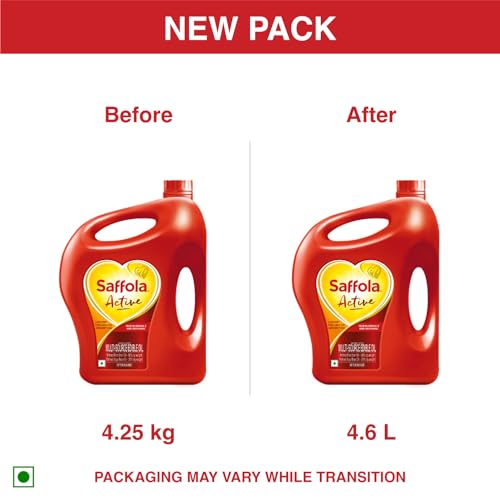 Image of Saffola Active Refined Cooking oil | Rich in Omega 3 & Oryzanol | Multi-Source Edible Rice Bran & Soyabean oil | 4.6L / 4.25kg jar (Weight May Vary) (Pack of 3)