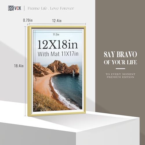 Image of VCK 12x18 Frame Gold Metal, Real Glass, 11x17 Mat, for Poster Print