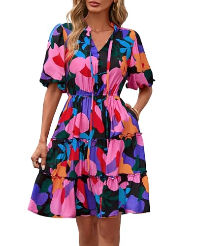 Image of BTFBM Women Summer Floral Short Dresses V Neck Short Sleeve Tiered Ruffle Boho Swing Dress A-Line Mini Dresses