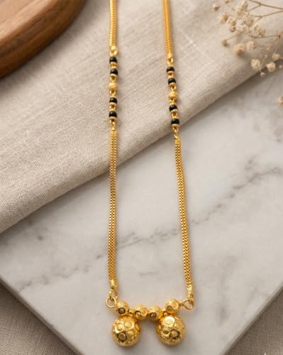 Image of 1 Gram Gold Plated Traditional Short Mangalsutra for Women| Daily Wear Short Tanmaniya With Black beads. 18 Inch Gold Plated Jewellery.