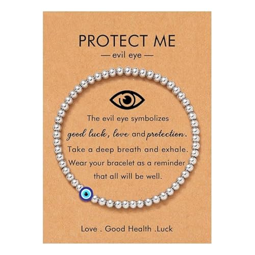 Ethlomoer Evil Eye Bracelet Women - Charm Bracelet with Evil Eye Beads & Bungee Cord Silver Bead Bracelet (Silver)