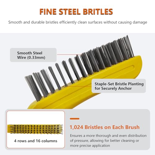 Image of 3 Pack Wire Scratch Brushes with Plastic Shoe Handle and 4-Row Heavy Duty Steel Bristles for Removing Paint Stains Rust Corrosion Welding Slag and More