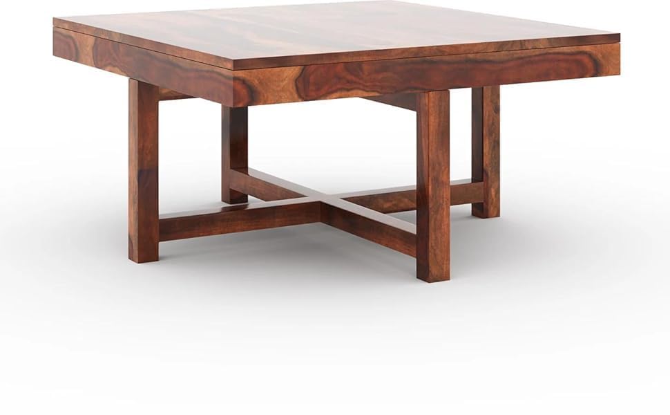 Image of WELL KNOWN Solid Sheesham Wood Round Shape Folding Coffee Table, Center 1 Table for Indoor & Garden Outdoor, Fold-Away Coffee tee (Natural Finish with 4 Stool)