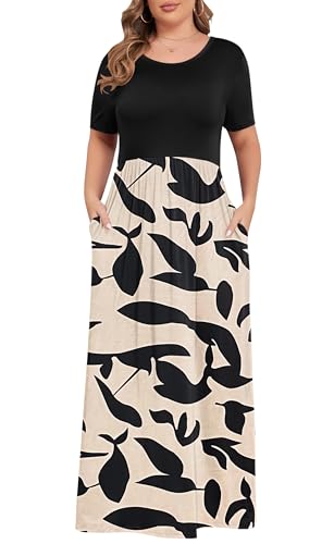 Image of KARALIN Women Plus Size Maxi Dress Short Sleeve Round Neck Loose Fit A-Line | Plus Size Long Dress,Summer Casual Maxi Dresses,Short Sleeve,Side Pockets,Round Neck,Elastic Waist,14 Plus - 26 Plus
