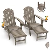 GREENVINES Adirondack-Chairs-with-Ottoman | Set of 2 | Wood Grain | Folding | Retractable-Footrest | HDPE Plastic | All Weather Fire Pit Chair | Cup Holders | for Outdoor Poolside