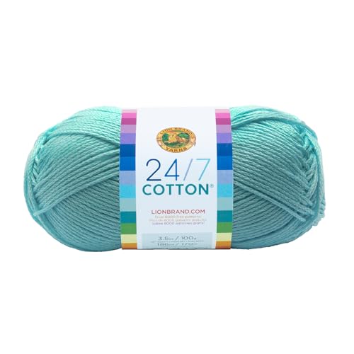 Image of Lion Brand Yarn (1 Skein) 24 /7 Cotton Yarn, Aqua | Light Worsted 100% Mercerized Cotton Yarn for Crochet, Knitting, Craft, 185 Yards of Natural Fiber for Tees, Bags, Dishcloths