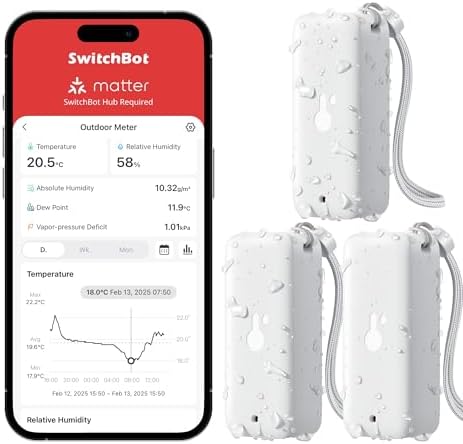 SwitchBot IP65 Indoor Outdoor Hygrometer Thermometer Wireless 3Packs, 100m Bluetooth Range, Refrigerator Thermometer, Dewpoint/VPD/Absolute Humidity Sensor, 2-Year Battery Life, Free Data Storage