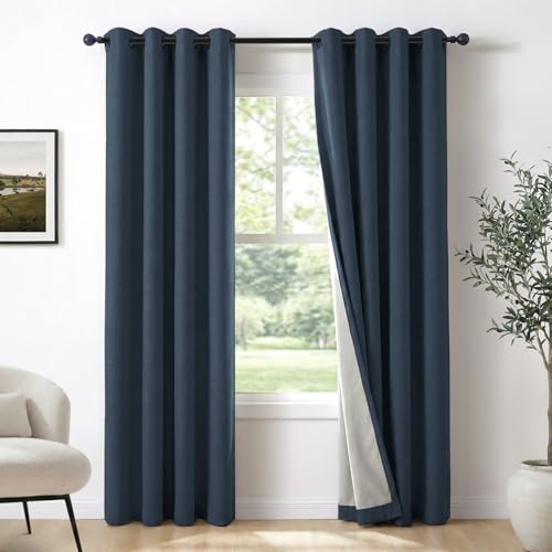 Image of 100% Blackout Shield Linen Textured Total Blackout Curtains for Bedroom 90 Inches Long, Navy Blue Grommet Curtains for Living Room, Thermal Insulated Room Darkening Drapes, 50 inch W x 90 inch L, 2 Panels