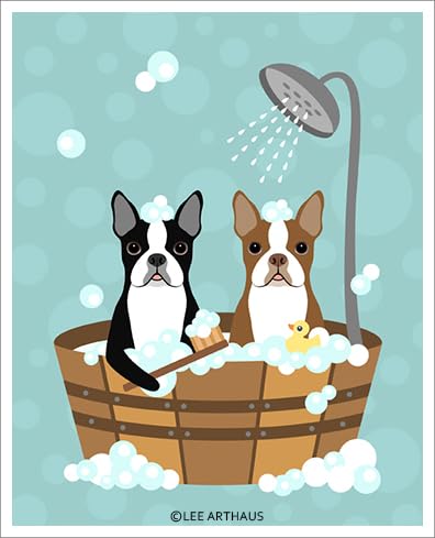 A 17D - Two Boston Terrier Dogs in Wooden Bathtub UNFRAMED Wall Art Print by Lee ArtHaus