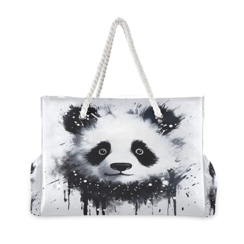 Portrait Panda Beach Bag with Top Zipper Closure, Waterproof Pool Bag, Large Beach Tote for Women#4702
