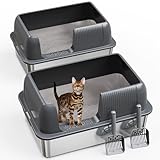 2Pack Stainless Steel Cat Litter Box, Open Top High-Sided Metal Litter Box with Scoop, Extra Large Litter Boxes for Kitty Kitten and Big Cats, Anti-Urine Leakage, Non-Sticky, Easy to Clean