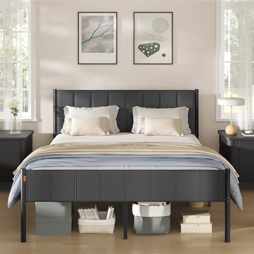 VASAGLE King Bed Frame 150 x 190 cm with Upholstered Headboard Metal Bed Frame 500 kg Weight Capacity Easy Assembly Slate Grey RMB977GN01