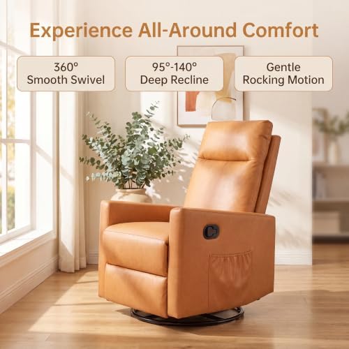 Image of 360 Swivel Rocking Recliner Chair, Manual Lazy Boy Reclining Couch with Adjustable Backrest & Footrest, Oversized Recliner Sofa for Nursery, Living Room, Bedroom, Home Theater Seating, Brown
