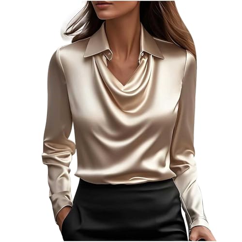 Women's Elegant Satin Silk Blouse Cowl Neck Ruched Front Draped Long Sleeve Work Office Shirt Fall Tops for Women 2025