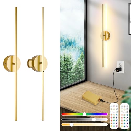 Image of 8000mah Detachable Battery Operated Wall Sconces Set of two, 32 Inch Rechargeable Wall Sconce With Remote & Touch, RGB 15 Colors Dimmable Wireless lamp for Bedroom, Living Room, Hallway Decor, Gold