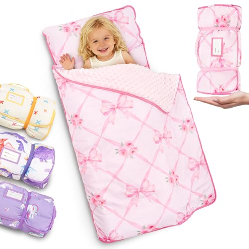 Image of Primlect Thickened Toddler Nap Mat with Removable Pillow and Minky Blanket, Extra Large 55''x35'' Sleeping Bag, Washable, Roll up, Perfect for Daycare, Preschool, Kindergarten, Boys and Girls Bow