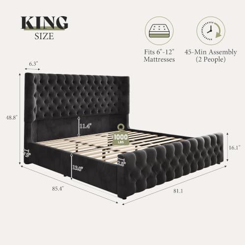 Image of AMERLIFE King Upholstered Bed with Headboard, Wingback, Black Velvet