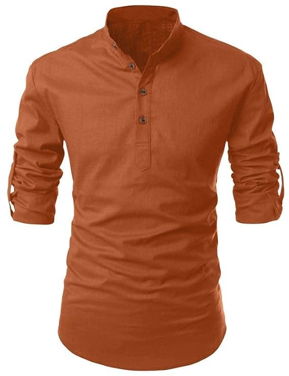 Image of Fifth U Men's Cotton Polyester Blend Solid Mandarin Collar Self Design Full Sleeve Casual Short Kurta