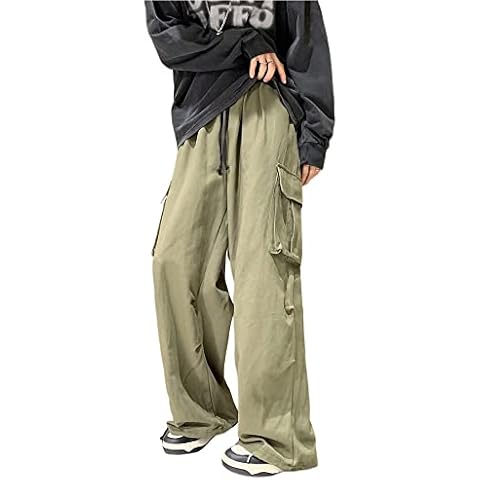 Womens Trousers Y2K Cargo Goth Pants Casual Straight Wide Leg Harajuku Boyfriend Style Loose Parachute Pants (Green,S) Cover