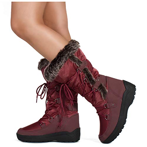 Women's Waterproof Warm Fur Lined Cold Weather Snow Rain Boots Premium Wine Nylon SIZE6.5