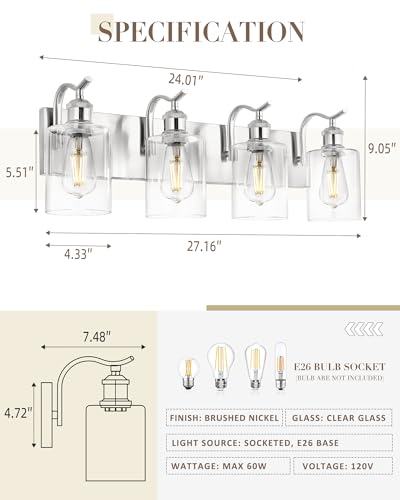 Image of 4-Light Bathroom Vanity Light, Brushed Nickel Wall Sconce, Modern Bathroom Light with Clear Glass, VL01BN-4