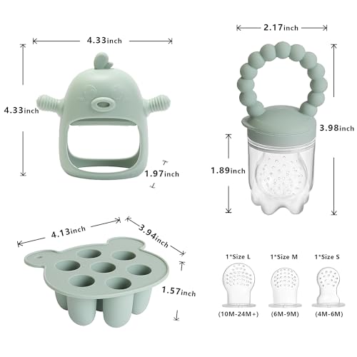 Gedebey Baby Fruit Feeder & Breastmilk Popsicle Mold Set – 3 Pack Silicone Teething Relief Kit with Food Feeder Pacifier, Freezer Tray with Lid & Baby Teether Toy (Pea Green)