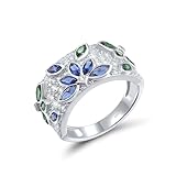Santuzza Sterling Silver Blue & Green Orchid Ring Blue Nano Cubic Zirconia Gemstone Flower Band Ring for Women (8)