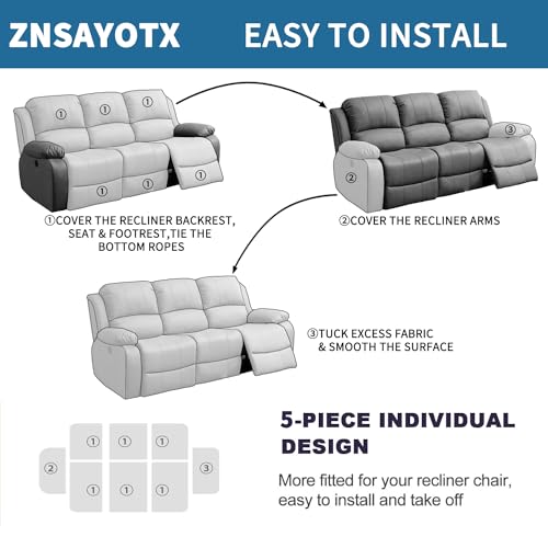 Image of 2026 Sofa Recliner Cover 5-Piece (69 inch-91 inch) Super Soft Recliner Couch Covers with Big Pocket & Anti Slip Ties Stay in Place, Stretch Lazy Boy Reclining Couch Sofa Slipcover Durable Washable, Light Grey