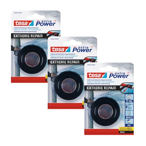 tesa extra Power Extreme Repair Reparaturband im 3er Pack- Selbstverschweißendes Reparaturband aus Silikon zum Isolieren und Abdichten - 3x 2,5 m : 19mm - Schwarz